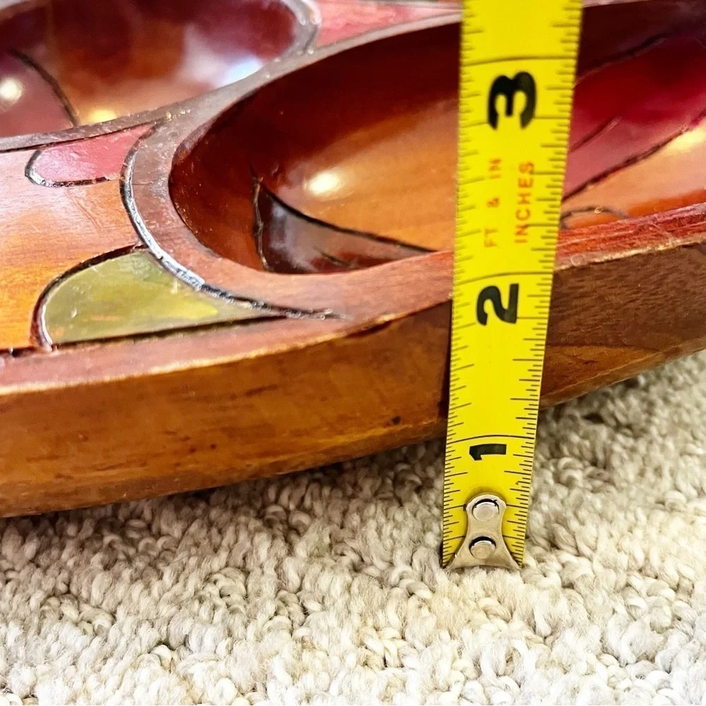 Vintage Mid Century Wooden Serving Bowl Snack Platter Boho Exotic Divided Carved